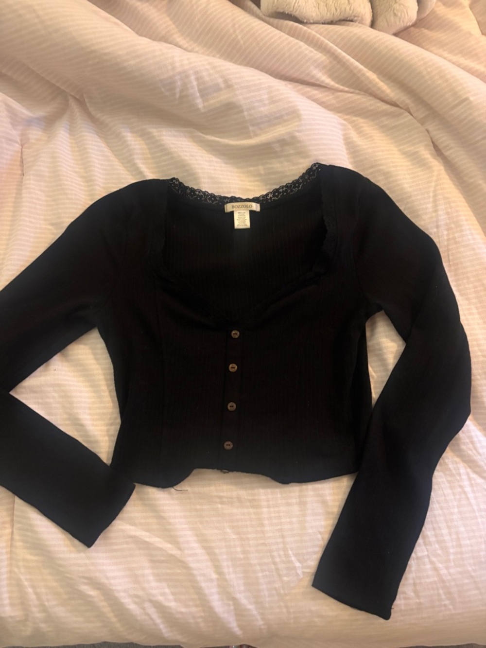 Bozzolo Black Ribbed Lace-Trim Button-Up Long Sleeve Top
